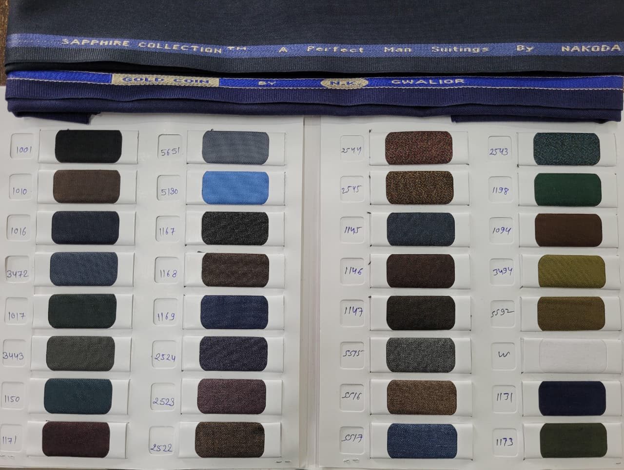 Sapphire Collection and Gold Coin shade card, numbered fabric swatches